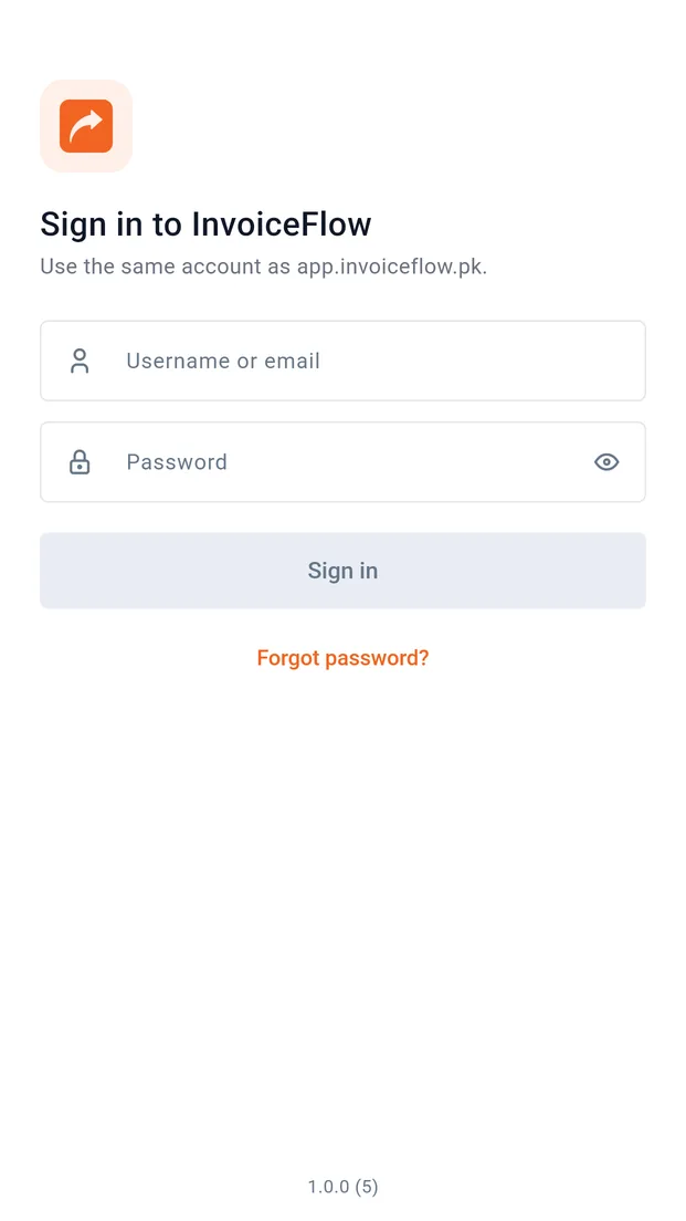 InvoiceFlow Android app sign-in screen with email and password fields