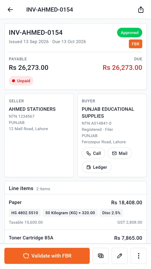 Invoice detail screen with seller and buyer cards and line items with HS codes