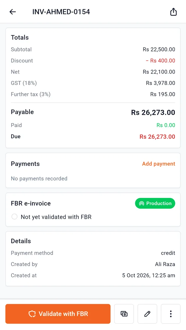 Invoice totals with GST, advance tax and further tax, payments and the FBR e-invoice status card