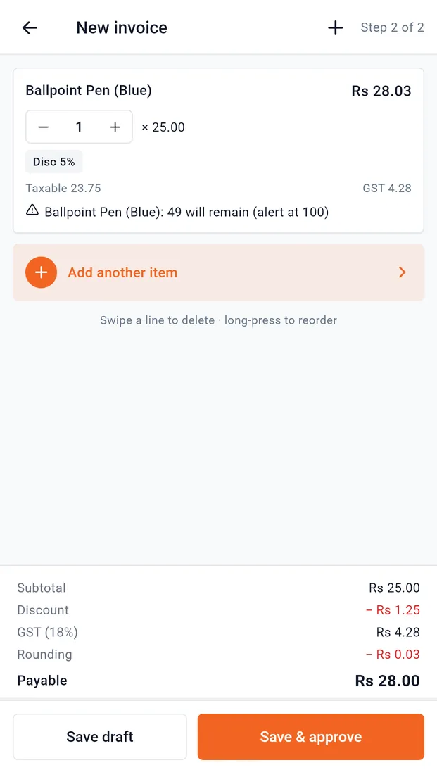 New invoice builder with line items and a totals footer showing subtotal, GST and payable