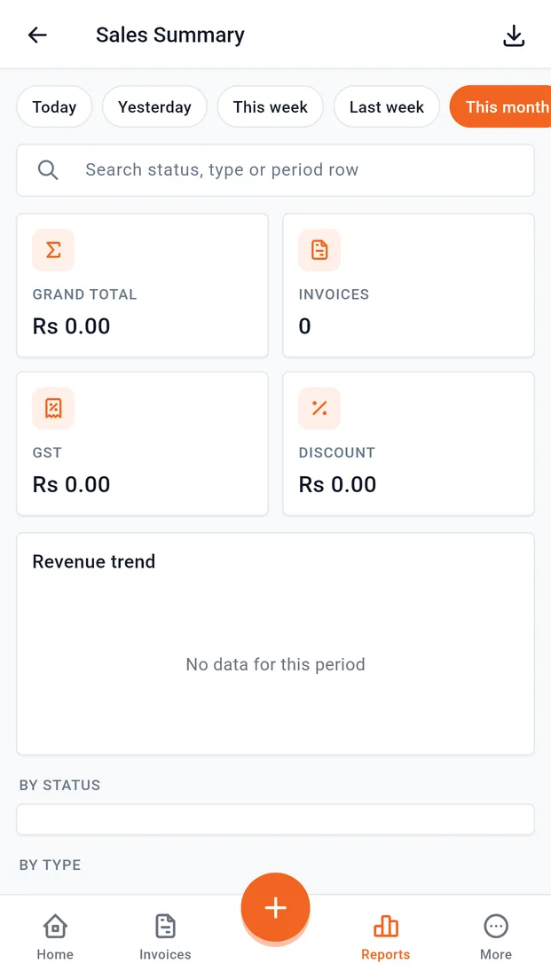 Sales summary report with KPI tiles and revenue trend chart