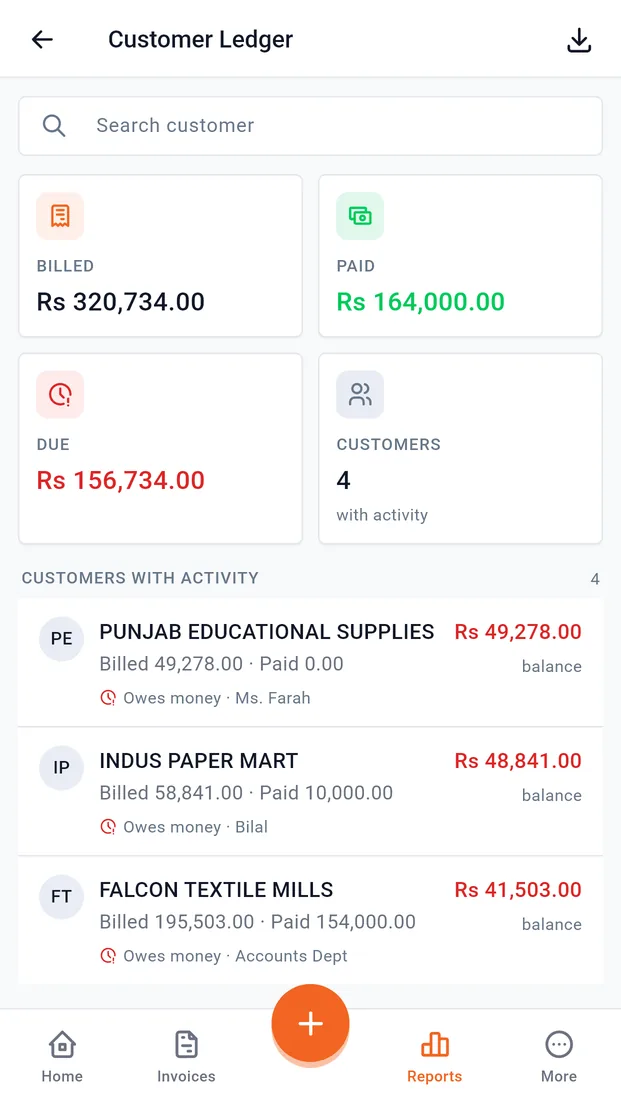 Customer ledger showing billed, paid and due amounts per customer