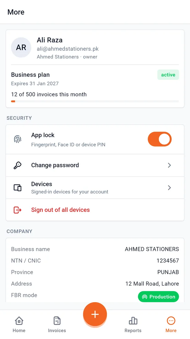Settings screen with plan usage, app lock, devices and FBR/PRA mode
